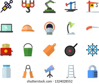 Color flat icon set crane flat vector, hook, hard hat, teflon, cutting board, toaster, glass jar, knife, bucketful, ladder, oil pumping, robotics, syringe, tomograph, reading lamp, laptop, telescope