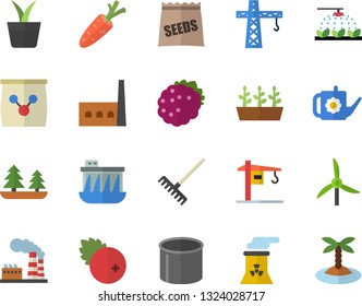 Color flat icon set crane flat vector, cranberry, blackberry, seeds, home plant, carrot, sprinkling machine, rake, watering can, seedlings, fertilizer vectory, windmill, factory, forest, manufactory