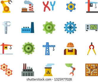 Color flat icon set crane flat vector, factory, manufactory, plant, cogwheel, construction worker, robotics, dividers, trammel, chromosomes, robot hand, nuclear power, oscilloscope