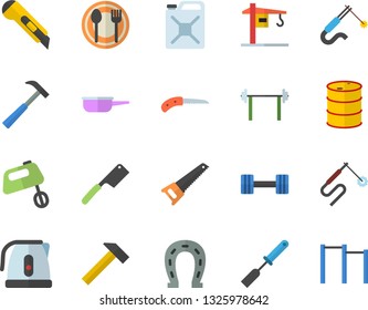 Color flat icon set crane flat vector, saw, stationery knife, hammer, saute, electric kettle, kitchen spatula, knives, mixer, table setting, horseshoe, oil tanks, canister, welding, dumbbell