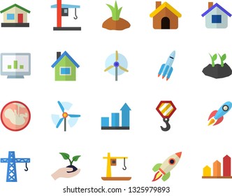 Color flat icon set crane flat vector, house, hook, seedlings, planting plants, rocket, embryo, computer chart, windmill, achievement