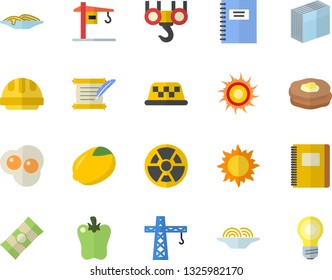 Color flat icon set crane flat vector, hook, hard hat, spaghetti, lemon, bell pepper, scrambled eggs, pancakes, sun, radiation, sticker, hostory roll, notebook, fector, taxi, lamp