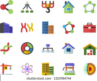 Color flat icon set crane flat vector, house, hook, tool bag, skyscraper, well, molecules, warehouse, DNA, chromosomes, office building, clircle diagram, hierarchy, molecule, atom, classification