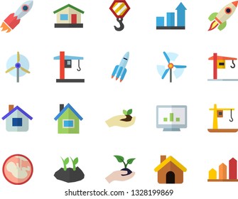 Color flat icon set crane flat vector, house, hook, seedlings, planting plants, rocket, embryo, computer chart, windmill, achievement