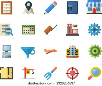 Color flat icon set crane flat vector, house layout, pitchfork, gas station, cogwheel, store front, funnel, calendar, abacus, magnifier, target, pencil, computer, aircraft fector, luggage, hotel