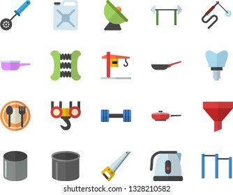 Color flat icon set crane flat vector, hook, saw, frying pan, saute, electric kettle, kitchen spoon, table setting, canister, satellite antenna, pipe production, welding, funnel, implant, dumbbell