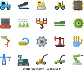 Color flat icon set crane flat vector, hook, double boiler, tractor, sprinkling machine, lawn mower, oil pumping, cogwheel, cash, tomograph, stapler, robot hand, cpu, industrial