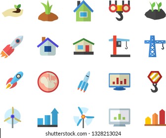 Color flat icon set crane flat vector, house, hook, seedlings, planting plants, rocket, embryo, computer chart, windmill, achievement