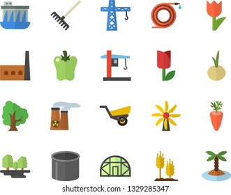Color flat icon set crane flat vector, carrot, onion, bell pepper, ear, tree, hose, rake, garden wheelbarrow, tulip, greenhouse, windmill, forest, hydroelectric power station, manufactory