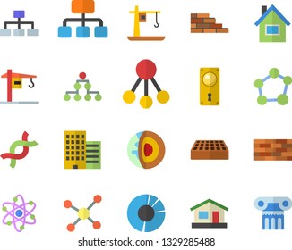 Color flat icon set crane flat vector, house, brick wall, door lock, skyscraper, hierarchy, DNA, clircle diagram, molecule, atom, classification, core of the earth fector, antique column