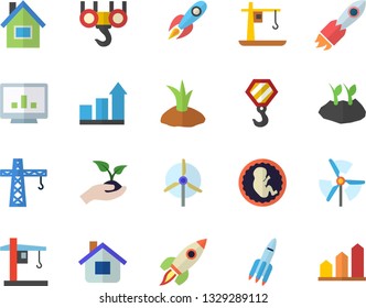 Color flat icon set crane flat vector, house, hook, seedlings, planting plants, rocket, embryo, computer chart, windmill, achievement
