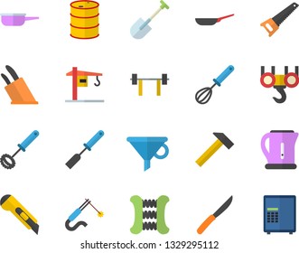 Color flat icon set crane flat vector, hook, saw, stationery knife, hammer, frying pan, saute, electric kettle, kitchen spatula, whisk, knives, shovel, oil tanks, welding, funnel, barbell