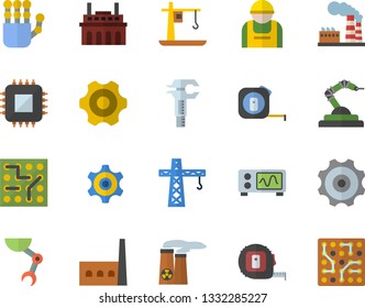 Color flat icon set crane flat vector, cogwheel, tape measure, factory, manufactory, plant, construction worker, motherboard, robotics, trammel, robot hand, nuclear power, oscilloscope