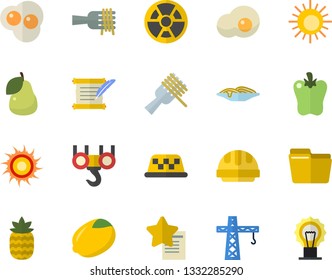 Color flat icon set crane flat vector, hook, hard hat, lemon, spaghetti on a fork, bell pepper, scrambled eggs, pineapple, pear, radiation, computer file, hostory roll, sun fector, taxi, favorites