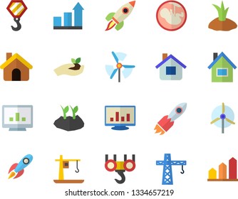 Color flat icon set crane flat vector, house, hook, seedlings, planting plants, rocket, embryo, computer chart, windmill, achievement