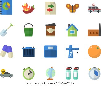 Color flat icon set crane flat vector, house, stopwatch, hot peppers, coffe, orange, shovel, bucketful, butterflies, accumulator, manufactory, autopilot, book balance accounting, pills, ambulance
