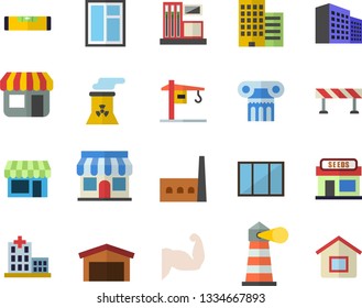 Color flat icon set crane flat vector, window, level meter, skyscraper, barrier, grain warehouse, gas station, manufactory, store front, lighthouse, hospital, office building, nuclear power plant