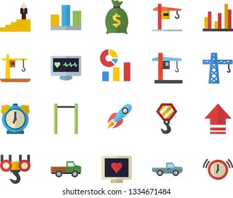 Color flat icon set crane flat vector, hook, pickup truck, rocket, wealth, statistics, computer diagnostics of health, statistic, career ladder, parallel bars, upload, alarm clock
