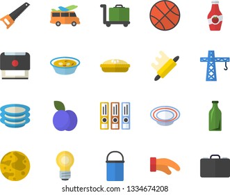 Color flat icon set crane flat vector, saw, hiking pot, potholder, rolling pin, plates, dish, soup, pie, plum, ketchup, glass bottles, stamp, moon, bulb, folders for papers, basketball, transfer