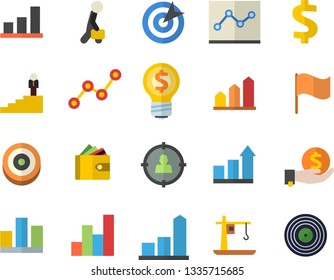 Color flat icon set crane flat vector, target audience, chart, dollar, investments, purse, idea, scatter, flag, statistic, point diagram, businessman, career ladder, achievement