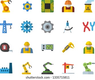 Color flat icon set crane flat vector, builder, tape measure, trammel, manufactory, cogwheel, construction worker, motherboard, robotics, dividers, chromosomes, nuclear power plant, oscilloscope