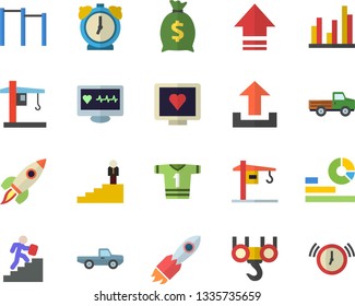 Color flat icon set crane flat vector, hook, pickup truck, rocket, wealth, statistics, computer diagnostics of health, statistic, career ladder, parallel bars, sport T shirt, upload, alarm clock