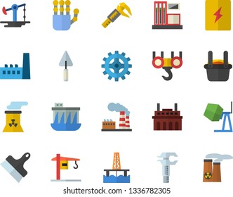 Color flat icon set crane flat vector, hook, concrete mixer, trowel, switch box, putty knife, oil production platform, pumping, trammel, gas station, factory, hydroelectric power, manufactory, plant