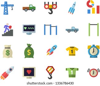 Color flat icon set crane flat vector, hook, pickup truck, rocket, wealth, statistics, computer diagnostics of health, career ladder, parallel bars, sport T shirt, alarm clock