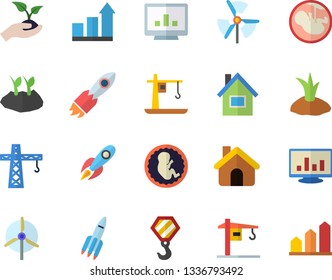 Color flat icon set crane flat vector, house, hook, seedlings, planting plants, rocket, embryo, computer chart, windmill, achievement
