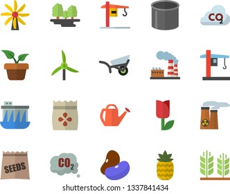 Color flat icon set crane flat vector, legumes, pineapple, seeds, home plant, watering can, garden wheelbarrow, tulip, windmill, factory, forest, hydroelectric power station, carbon dioxide, nuclear