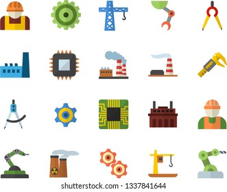 Color flat icon set crane flat vector, builder, trammel, factory, manufactory, plant, construction worker, motherboard, robotics, dividers, cogwheel, robot hand, nuclear power, industrial