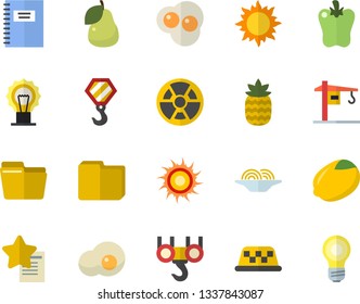 Color flat icon set crane flat vector, hook, lemon, spaghetti, bell pepper, scrambled eggs, pineapple, pear, sun, radiation, computer file, notebook, fector, taxi, favorites, lamp