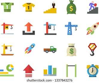 Color flat icon set crane flat vector, hook, pickup truck, rocket, wealth, statistics, statistic, career ladder, parallel bars, sport T shirt, upload, alarm clock