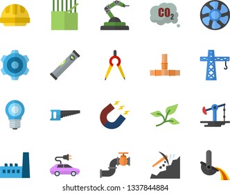 Color flat icon set crane flat vector, cogwheel, pipes, level meter, hard hat, saw, ventilation, oil pumping, main pipeline, tree leaf, lamp, manufactory, fabric manufacture, electric cars, magnet