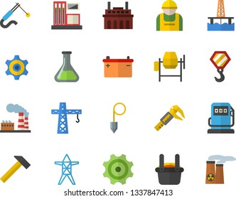 Color flat icon set crane flat vector, hook, concrete mixer, construction plummet, hammer, oil production platform, trammel, chemistry, gas station, refueling, factory, accumulator, plant, cogwheel