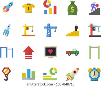 Color flat icon set crane flat vector, hook, pickup truck, rocket, wealth, statistics, computer diagnostics of health, statistic, career ladder, parallel bars, sport T shirt, upload, alarm clock
