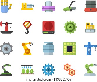 Color flat icon set crane flat vector, hook, weighing machine, double boiler, food processor, sprinkling, lawn mower, oil pumping, cogwheel, robotics, cash, printer, copy, robot hand, cpu
