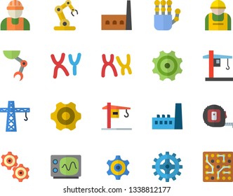 Color flat icon set crane flat vector, builder, cogwheel, tape measure, manufactory, construction worker, chromosomes, robot hand, oscilloscope, industrial, electronic circuit