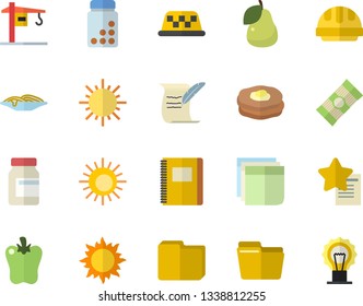 Color flat icon set crane flat vector, hard hat, spaghetti, bell pepper, pear, pancakes, sun, computer file, sticker, hostory roll, notebook, vitamins, fector, taxi, favorites, lamp