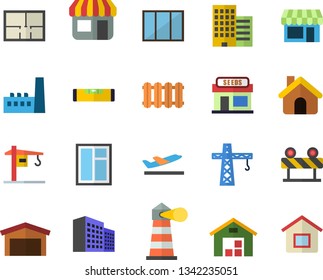 Color flat icon set crane flat vector, house, window, layout, level meter, skyscraper, heating batteries, barrier, grain warehouse, manufactory, store front, lighthouse, office building, shop