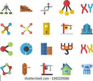 Color flat icon set crane flat vector, house, brick wall, hook, door lock, skyscraper, hierarchy, molecules, chromosomes, office building, clircle diagram, molecule, dna, antique column fector