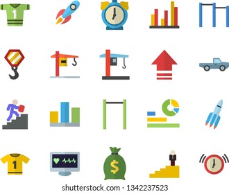 Color flat icon set crane flat vector, hook, pickup truck, rocket, wealth, statistics, computer diagnostics of health, statistic, career ladder, parallel bars, sport T shirt, upload, alarm clock