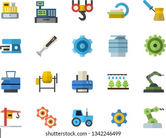Color flat icon set crane flat vector, hook, concrete mixer, cogwheel, turk, blender, coffee machine, tractor, sprinkling, robotics, cash, tomograph, printer, copy, industrial robot