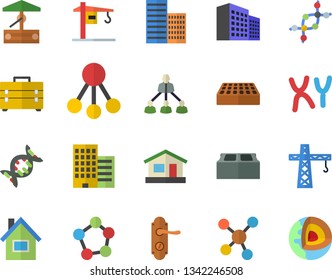 Color flat icon set crane flat vector, house, tool bag, door lock, skyscraper, brick, well, hierarchy, chromosomes, molecules, office building, dna, core of the earth fector