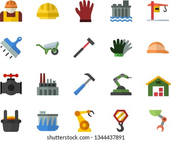 Color flat icon set crane flat vector, hook, wheelbarrow, hard hat, putty knife, ax, hammer, gloves, main pipeline, hydroelectric power station, plant, construction worker, robotics, metallurgy