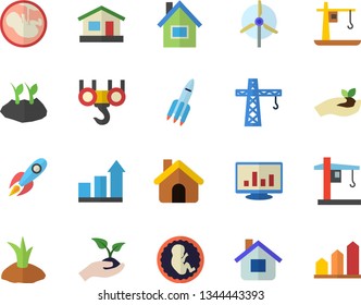 Color flat icon set crane flat vector, house, hook, seedlings, planting plants, rocket, embryo, computer chart, windmill, achievement