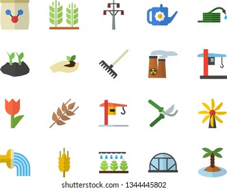 Color flat icon set crane flat vector, ear, sprinkling machine, hose, secateurs, seedlings, rake, watering can, planting plants, irrigation, tulip, greenhouse, fertilizer vectory, windmill