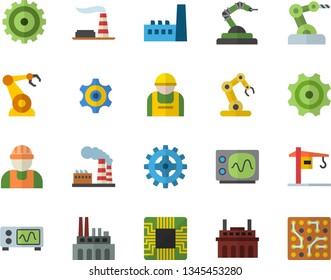 Color flat icon set crane flat vector, builder, factory, manufactory, plant, cogwheel, construction worker, motherboard, robotics, oscilloscope, industrial robot, electronic circuit