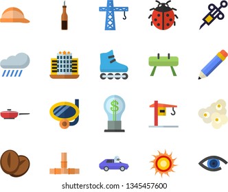 Color flat icon set crane flat vector, pipes, hard hat, frying pan, sauce, coffee beans, popcorn, ladybird, rain, autopilot, idea, syringe, pencil, sports equipment horse, roller Skates, sun  