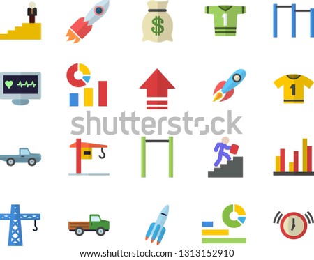 Color flat icon set crane flat vector, pickup truck, rocket, wealth, statistics, computer diagnostics of health, statistic, career ladder, parallel bars, sport T shirt, upload, alarm clock